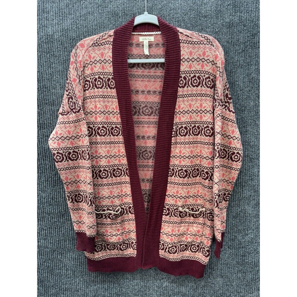 Matilda Jane Harmony Open Front Cardigan Womens Small Sweater Red Pink Fair Isle